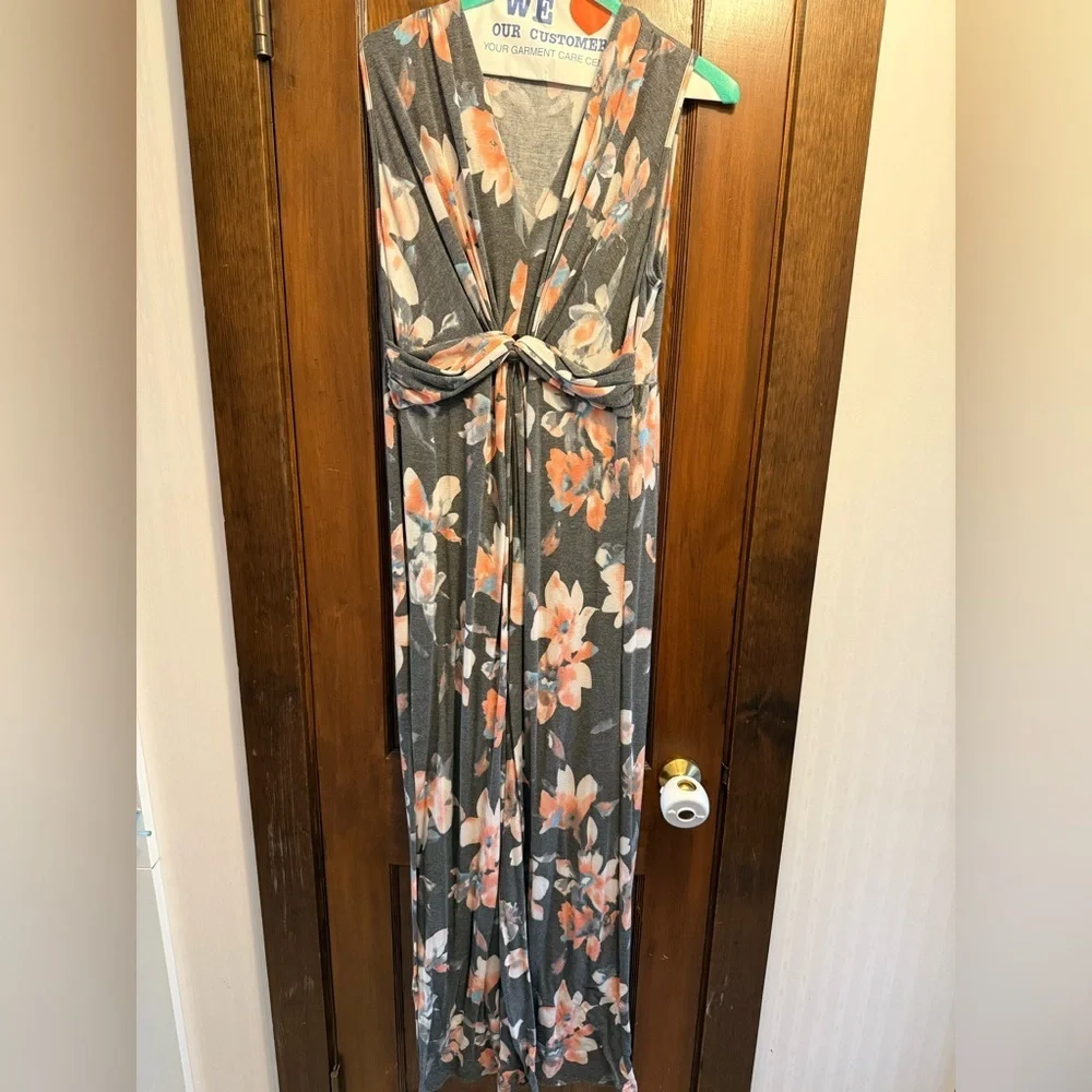 Sweet Lovely by Jen Charcoal Grey Floral Sleeveless Knot Front Maxi Dress - Picture 3 of 11